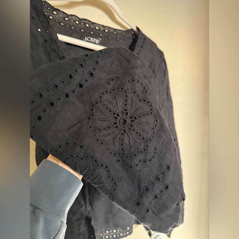 J. Crew Bungalow embroidered eyelet long sleeve linen top size large in black - Picture 4 of 7